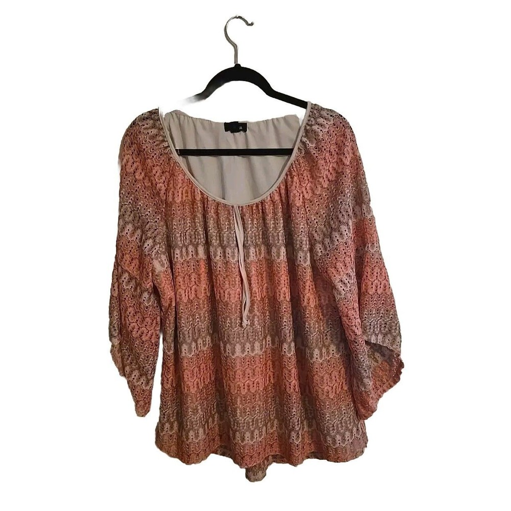 Tacera Pink‎ Geometric Metallic Scoop Neck Bell Sleeve Boho Top Womens Size 3X